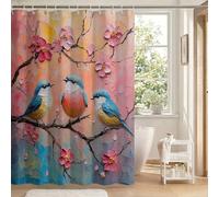 Rideau de Douche Fleurs Roses, Rideau Douche 150x200 cm, Rideaux de Baignoire Résistant Imperméable en Tissu Polyester avec 12 Crochets Ourlet Lesté, Lavable en Machine, Séchage Rapide, Oiseau w-G300