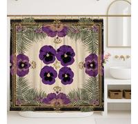 Rideau de douche floral, pensée violette vive et feuille de palmier verte, décoration de salle de bain, rideau de douche moderne bohème en tissu imperméable avec crochets 183 x 213 cm