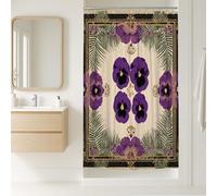 Rideau de douche floral, pensée violette vive et feuille de palmier verte, décoration de salle de bain, rideau de douche moderne bohème en tissu imperméable avec crochets 91,4 x 183 cm
