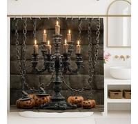 Rideau de douche gothique candélabre, décoration d'Halloween noire avec citrouilles et chaînes, ensemble de salle de bain effrayant pour fête d'automne et d'Halloween, 183 x 183 cm