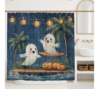Rideau de douche Halloween fantôme bleu foncé motif esprit mignon pour décoration de salle de bain, rideau de douche festif d'automne en tissu imperméable avec crochets 183 x 213 cm