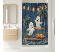 Rideau de douche Halloween fantôme bleu foncé motif esprit mignon pour décoration de salle de bain, rideau de douche festif d'automne en tissu imperméable avec crochets 91,4 x 183 cm