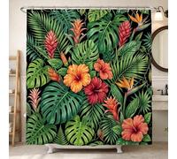 Rideau de douche Hibiscus, motif botanique tropical Monstera oiseau de paradis d'été vert lavable avec crochets - Rideaux de bain décoratifs pour salle de bain et dortoir - 183 x 198 cm
