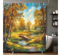 Rideau de Douche Imperméable 180x180 cm Paysage d'automne avec Petite rivière et Arbres 3D Imprimé, Tissu Polyester Anti-Moisissure avec 12 Crochets pour Salle de Bain