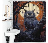 Rideau de douche imperméable en tissu résistant aux moisissures et aux intempéries, motif chat noir sous la pleine lune, avec crochets, pour cabines et baignoires, 143 x 180 cm (56,30 x 70,87 pouces)