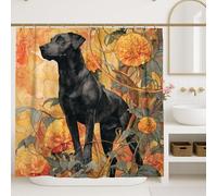 Rideau de douche labrador noir, motif floral souci, décoration de salle de bain, rideau de douche artistique moderne en tissu imperméable avec crochets 183 x 213 cm