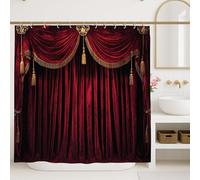 Rideau de douche luxueux en velours rouge, élégant design de scène de théâtre, décoration de salle de bain, vacances d'hiver romantiques, tissu imperméable moderne vintage avec crochets 183 x 213 cm