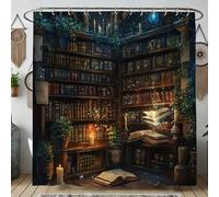 Rideau de douche « Magical Library », motif livre enchanté pour décoration de salle de bain, ensemble de rideau de douche en tissu imperméable vintage pour l'automne et l'hiver avec crochets 157 x 183