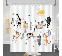 Rideau de douche mignon avec chat, motif de patte de chaton joueur sur une corde à linge, convient aux amateurs de chats, en tissu de polyester imperméable, avec crochets, décoration de salle de bain,