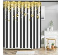 Rideau de douche moderne 180 x 200 cm en polyester imperméable avec rayures verticales noires et blanches, imprimé géométrique étoiles dorées, décoration de salle de bain élégante avec crochets
