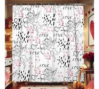 Rideau de douche motif ange, mignon dieu amoureux en rouge pêche et noir pour la Saint-Valentin, décoration de salle de bain romantique, ensemble de rideau de douche moderne minimaliste en tissu blanc