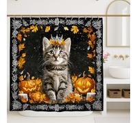 Rideau de douche motif chat, citrouille d'Halloween, fond noir, ensemble de salle de bain décoratif, automne moderne, amusant, rideau de douche en tissu imperméable avec crochets 183 x 213 cm