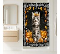 Rideau de douche motif chat, citrouille d'Halloween, fond noir, ensemble de salle de bain décoratif, rideau de douche moderne et amusant en tissu imperméable avec crochets 91,4 x 183 cm