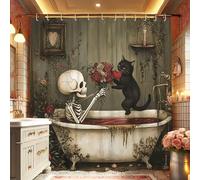 Rideau de douche motif chat squelette, thème sombre et tête de mort humain pour décoration de salle de bain d'Halloween, style gothique vintage, rideau de douche en tissu imperméable avec crochets 157