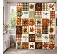 Rideau de douche motif citrouilles d'automne Happy Fall Harvest 183 x 243 | Motif patchwork, tournesols, glands, feuilles tombées, carreaux rustiques, tons de terre chauds