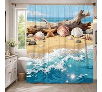 Rideau de douche motif étoile de mer, plage côtière, coquillages, bois flotté, bleu d'été, lavable avec crochets, pour la maison, la salle de bain, la décoration d'hôtel, 137 x 198 cm