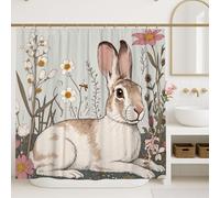 Rideau de douche motif lapin, fleur fantaisie, abeille, printemps, bleu pastel, lavable avec crochets, rideaux de bain imprimés pour salle de bain, décoration de chambre d'amis, 183 x 213 cm