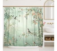 Rideau de douche motif oiseau, branche de fleurs naturelles, vert printemps, polyester imperméable, motif imprimé, rideaux de bain décoratifs pour salle de bain, chambre d'amis, 183 x 213 cm