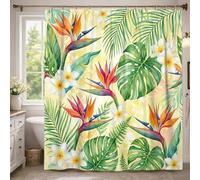 Rideau de douche motif oiseau de paradis botanique tropical, feuilles de palmier, prunier d'été, lavable avec crochets, pour salle de bain, décoration de chambre d'amis 137 x 198 cm