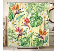 Rideau de douche motif oiseau de paradis - Motif feuilles de palmier tropicales - Vert d'été - Lavable avec crochets - Décoration pour salle de bain ou dortoir - 183 x 213 cm