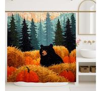 Rideau de douche motif ours, forêt d'automne noire avec citrouilles, ensemble de salle de bain rustique sauvage, style saisonnier d'automne pour décoration d'intérieur, 183 x 213 cm