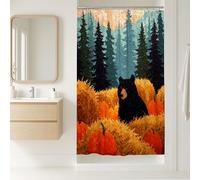 Rideau de douche motif ours, forêt d'automne noire avec citrouilles, ensemble de salle de bain rustique sauvage, style saisonnier d'automne pour décoration d'intérieur, 91,4 x 183 cm