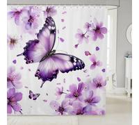 Rideau de douche motif papillon, plantes botaniques pour salle de bain, rideaux de bain esthétiques pour enfants et adolescents, rideaux de douche imperméables violets avec 12 crochets de 198 cm de