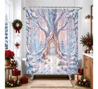 Rideau de douche Motif paysage de forêt d'hiver magique 157,5 x 182,9 cm | Sapins enneigés, cabane dans l'arbre magique, boîtes cadeaux, paysage d'hiver fantaisie, palette de couleurs pastel sereines