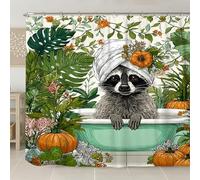 Rideau de douche motif raton laveur, décoration de salle de bain, motif feuilles d'oranger d'automne fantaisie, rideau de douche en tissu imperméable avec crochets 274 x 183 cm
