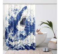 Rideau de douche motif requin, bleu océan, blanc, grand motif requin blanc pour décoration de salle de bain, ensemble de rideau de douche d'été moderne côtier en tissu imperméable avec crochets de 183