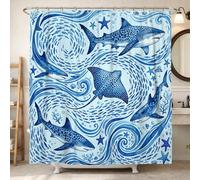 Rideau de douche motif requin, raie océanique, étoile de mer, bleu d'été, lavable, avec crochets, pour salle de bain, décoration de chambre d'amis 183 x 213 cm