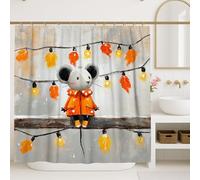 Rideau de douche motif souris mignonne, feuilles d'automne orange et guirlande lumineuse décoration de salle de bain, rideau de douche en tissu imperméable avec crochets pour chambre d'enfant, 183 x
