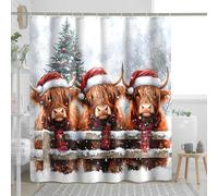 Rideau de douche motif vache des Highlands, vacances d'hiver, décoration de salle de bain sur le thème des animaux rouges et marron, décoration de salle de bain de Noël moderne rustique en tissu