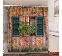 Rideau de Douche Mur de Briques de Fenêtre en Bois Rideau Douche Anti Moisissure Thème du Jardin 3D Rideau Salle de Bain Tissu Polyester Pour Baignoire, Rideaux de Douche 180x180 avec 12 Crochets