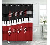 Rideau De Douche Musique Rouge Noir Piano Touches Et Notes Musicien Musical Décor À La Maison Étanche Bain Salle De Bain Rideaux Ensemble avec Crochets 180x180cm
