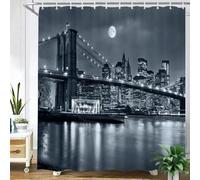 Rideau de Douche Noir et Blanc représentant la Skyline de New York - Pont de Manhattan et East River de Nuit, Rideau de Douche pour Salle de Bain (120 x 240 cm / 47 x 94 Pouces (L x H))