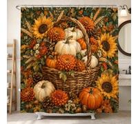 Rideau de douche panier, citrouilles, tournesol, récolte d'automne | Panier rustique en osier, tournesols, arrangements floraux d'automne, esthétique de la campagne ferme, tons chauds de récolte
