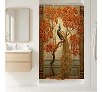 Rideau de douche paon - Motif feuilles d'oranger - Décoration de salle de bain - Style vintage - Tissu imperméable avec crochets - 91,4 x 183 cm