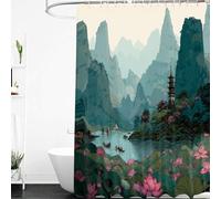 Rideau de Douche Paysage Oriental,Fleurs deLotus Roses en Fleurs surLeLac etLes Montagnes,Rideau de Baignoire avec Crochets en Plastique,Tissu Polyester imperméable pour pièceHumide 180Lx200H cm (1