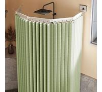 Rideau de douche pliable et imperméable sans perçage avec tringle réglable en forme de L et ventouses puissantes, lavable en lin, vert, 2 plis pour un rangement facile