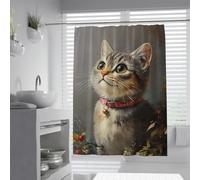 Rideau de douche pour chat de maison fantaisiste avec collier rouge et clochette dorée dans la scène nature Rideau de douche en polyester imperméable pour séchage rapide de salle de bain W120xL180 cm