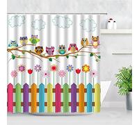 Rideau de Douche pour Enfants drôle Impression 3D Mignon Hibou Oiseaux Dessin animé Animaux clôture imperméable Polyester Baignoire écran Salle de Bain Rideau 135x200cm(53X79inch)