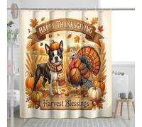 Rideau de douche pour salle de bain, motif terrier de Boston Terrier de Thanksgiving, rideaux de douche pour salle de bain, ensemble d'accessoires de décoration de bain d'automne - 183 x 198 cm