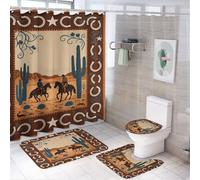 Rideau de douche rétro patchwork américain (4 pièces) avec chevaux, cactus et fers à cheval (183 x 183 cm), tapis antidérapant pour couvercle de toilette et tapis en forme de U, ensemble de décoratio
