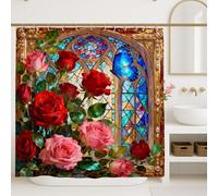 Rideau de douche rose en vitrail motif papillon romantique rouge printemps lavable avec crochets pour salle de bain, baignoire, appartement, décoration 183 x 183 cm