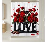 Rideau de douche rose romantique élégant verre à vin chocolat Saint-Valentin rouge lavable avec crochets Rideau décoratif de salle de bain en toile pour la maison, la salle de bain, l'hôtel 137 x 198