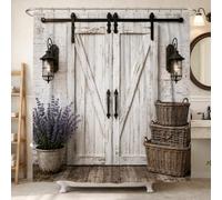 Rideau de douche rustique avec porte de grange 157 x 183 cm | Style rustique de ferme, texture en bois vieilli, applique murale vintage, design architectural peu encombrant
