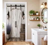 Rideau de douche rustique avec porte de grange 91,4 x 183 cm | Style rustique de ferme, texture en bois vieilli, applique murale vintage, design architectural peu encombrant