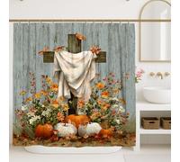 Rideau de douche rustique en forme de croix - Décoration de salle de bain florale de citrouille d'automne - Style bohème - Rideau de douche en tissu imperméable avec crochets - 183 x 213 cm
