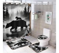 Rideau de douche rustique motif ourson et brouillard (4 pièces, 183 x 183 cm), tapis antidérapant pour couvercle de toilette et tapis en forme de U, ensemble de décoration de salle de bain avec boîte